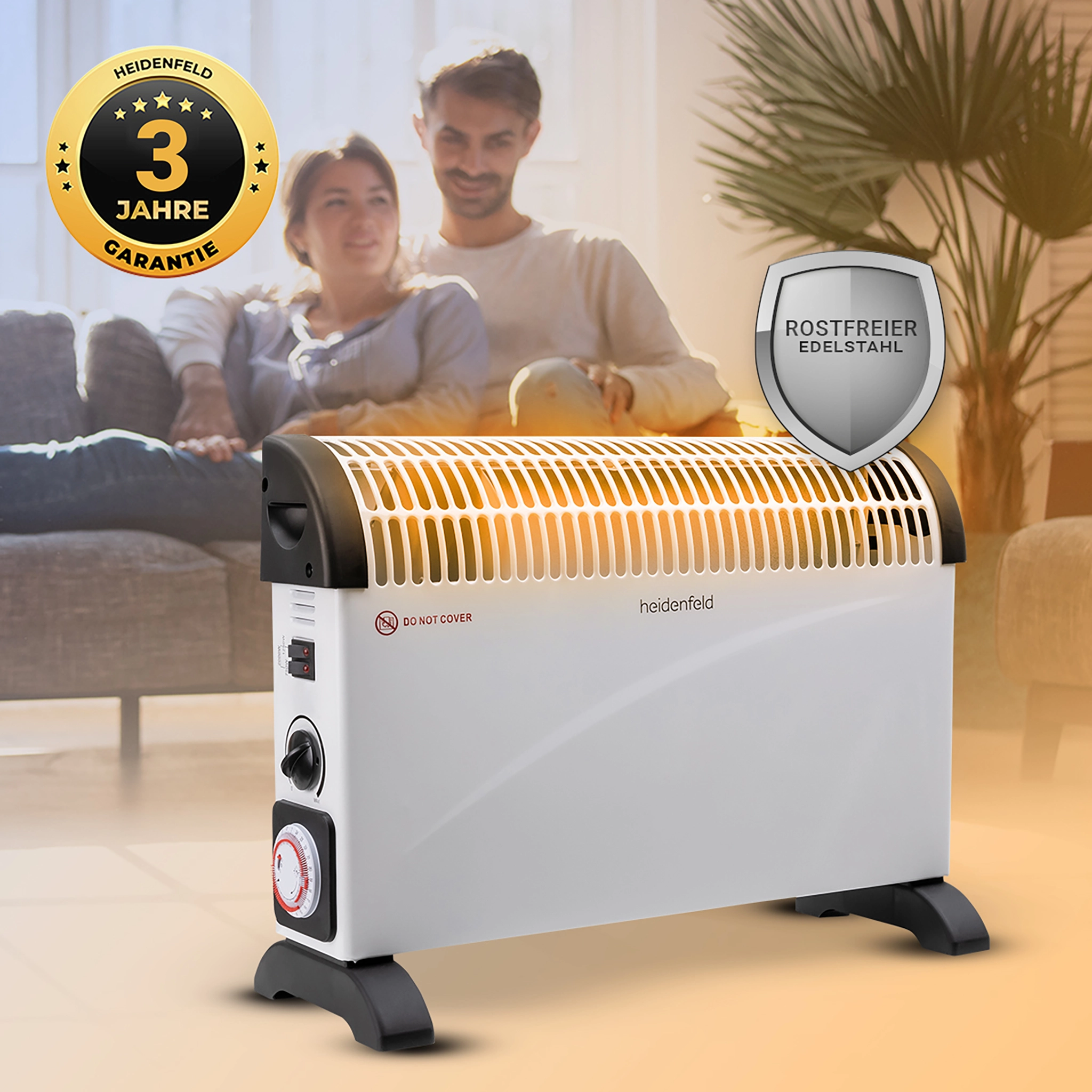 Die angeschaltete Elektroheizung w&auml;rmt das Wohnzimmer eines Paares auf